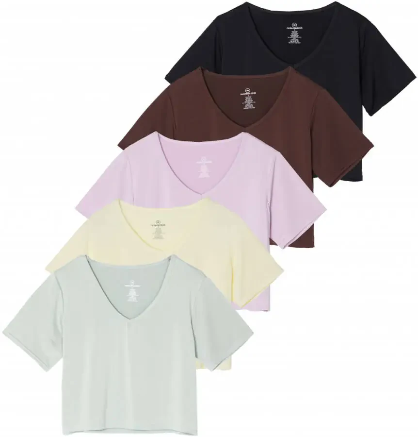 Real Essentials 5 Pack: Women's Dry-Fit Short Sleeve V-Neck Crop Top Boxy Athletic Tee- - 1