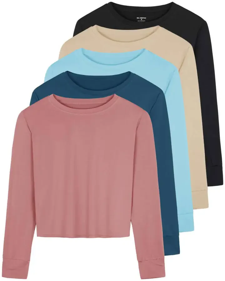 Real Essentials 5 Pack: Women's Dry Fit Crop Top - Long Sleeve Crew Neck Stretch Athletic Tee (Available in Plus Size)- - 7