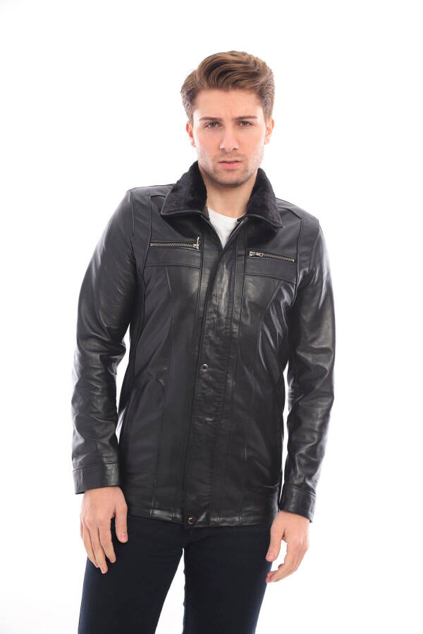 Real leather, black fur collar men's jacket. - 1