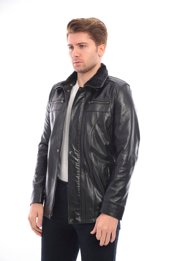 Real leather, black fur collar men's jacket. - 5