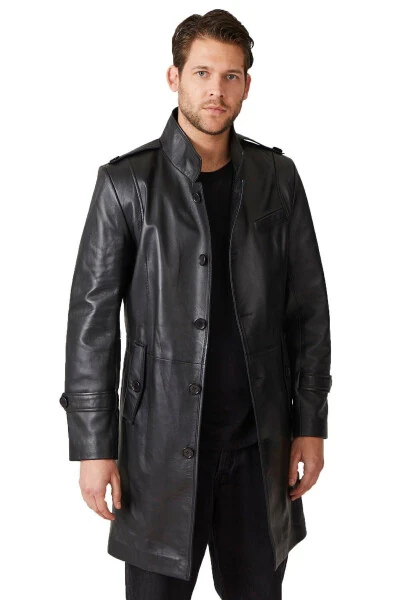 Real leather, buttoned, lined, epauletted, slitted, stand-up collar, slim fit coat. - DERIDERIM