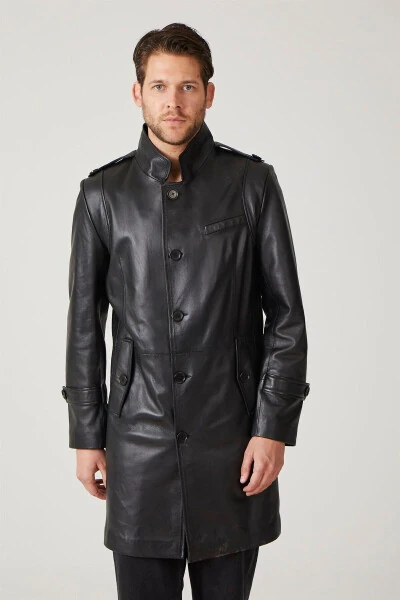 Real leather, buttoned, lined, epauletted, slitted, stand-up collar, slim fit coat. - DERIDERIM (1)