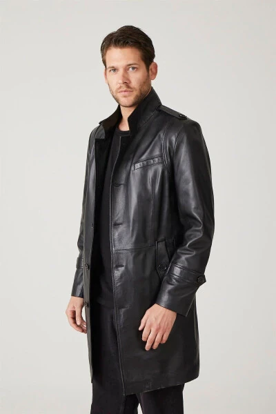 Real leather, buttoned, lined, epauletted, slitted, stand-up collar, slim fit coat. - 3