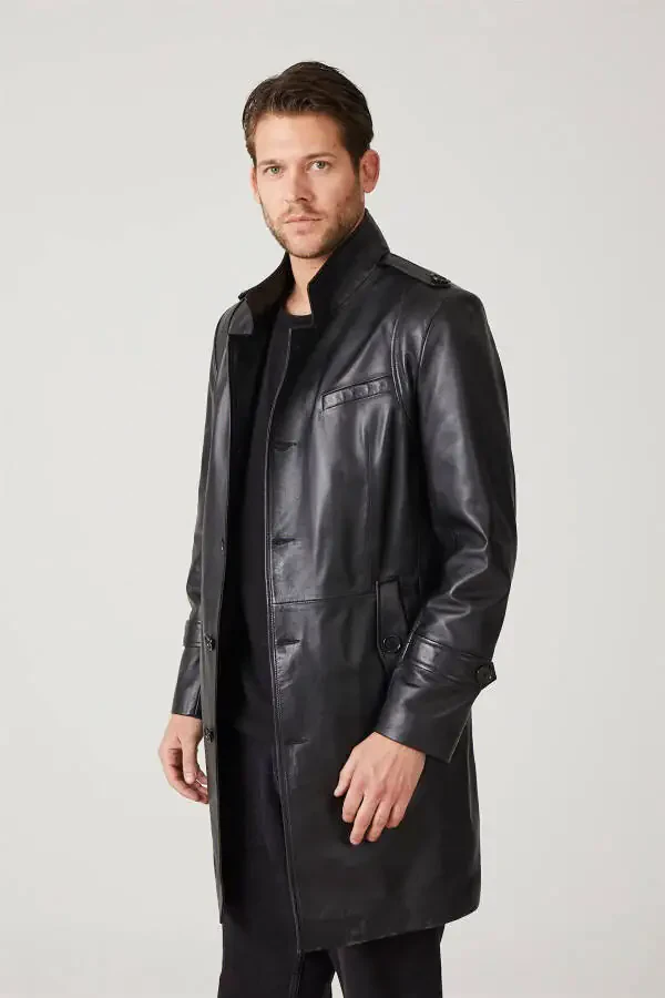 Real leather, buttoned, lined, epauletted, slitted, stand-up collar, slim fit coat. - 3