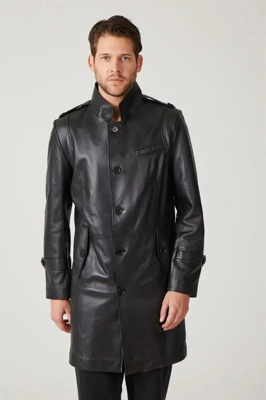 Real leather, buttoned, lined, epauletted, slitted, stand-up collar, slim fit coat. - 2