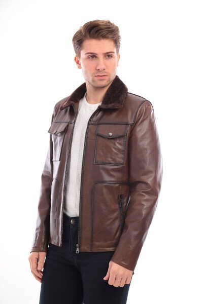 Real leather men's jacket with fur collar. - Modazone