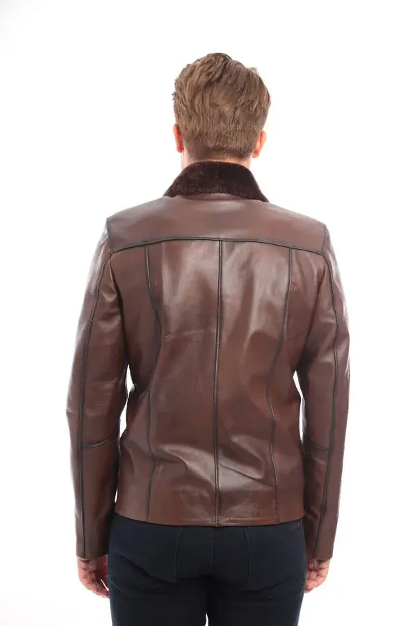 Real leather men's jacket with fur collar. - 4