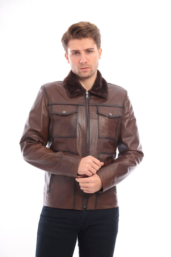 Real leather men's jacket with fur collar. - 2