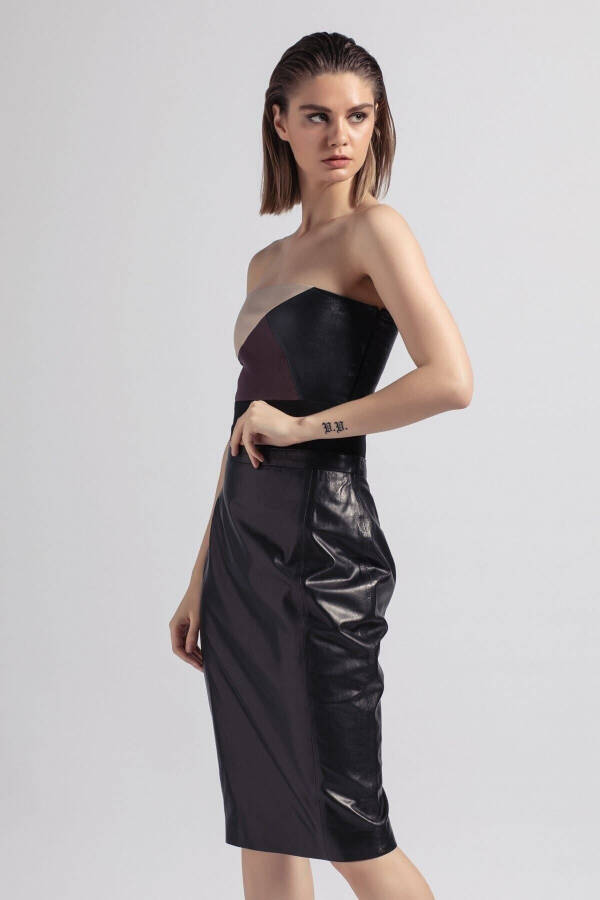 Real leather skirt, black women's pencil lining, back zip slit. - 1