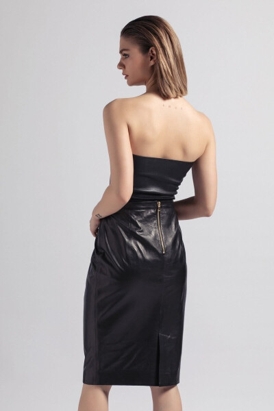 Real leather skirt, black women's pencil lining, back zip slit. - 3