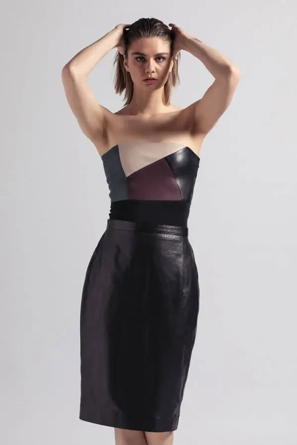 Real leather skirt, black women's pencil lining, back zip slit. - 1