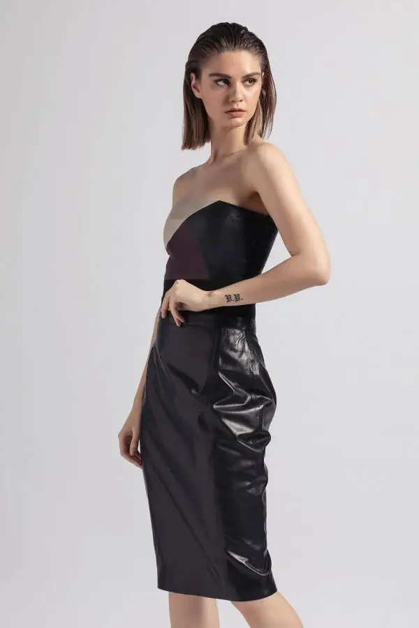 Real leather skirt, black women's pencil lining, back zip slit. - 2