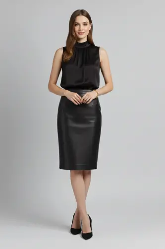 Real leather skirt, black women's pencil lining, back zip slit. - 1