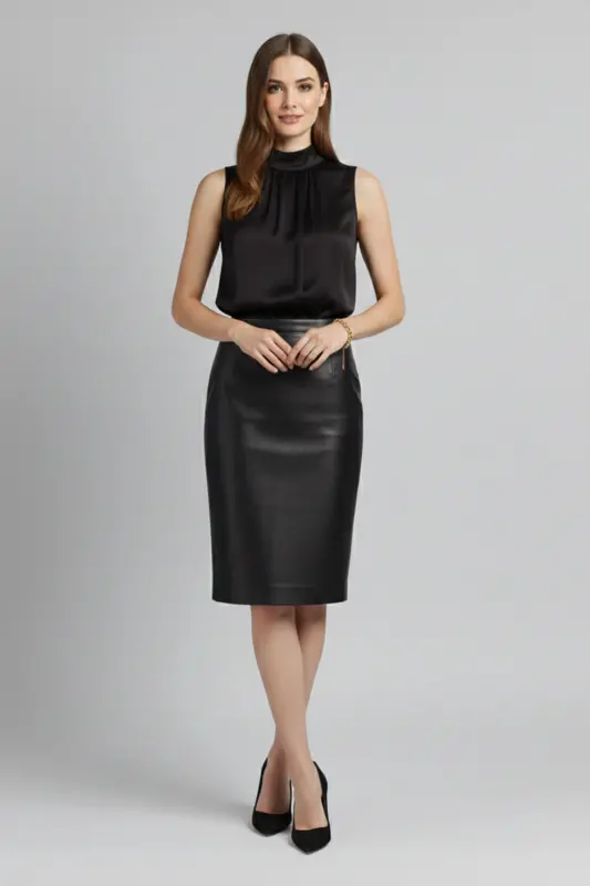 Real leather skirt, black women's pencil lining, back zip slit. - DERIDERIM