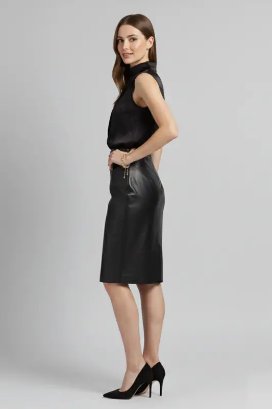 Real leather skirt, black women's pencil lining, back zip slit. - 3