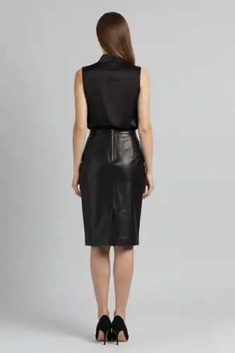 Real leather skirt, black women's pencil lining, back zip slit. - 4