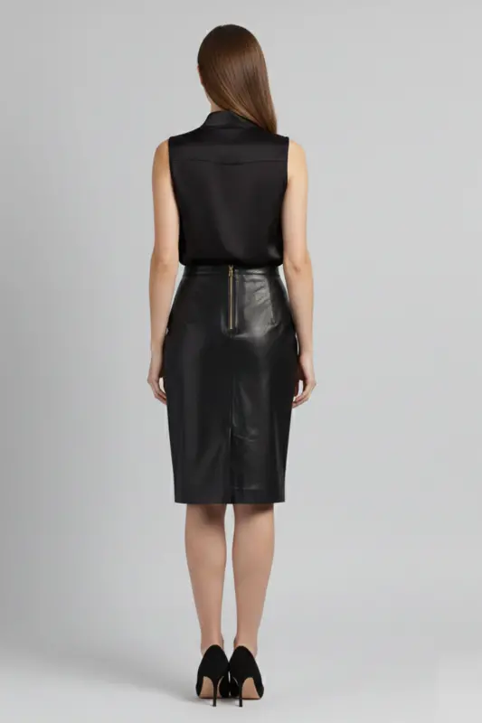 Real leather skirt, black women's pencil lining, back zip slit. - 4