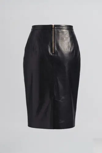 Real leather skirt, black women's pencil lining, back zip slit. - 5