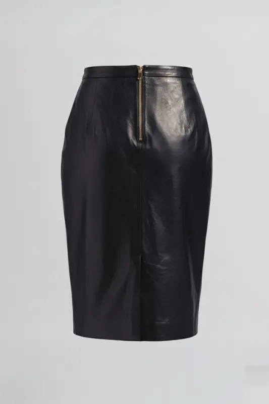 Real leather skirt, black women's pencil lining, back zip slit. - 5