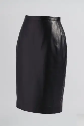 Real leather skirt, black women's pencil lining, back zip slit. - 6