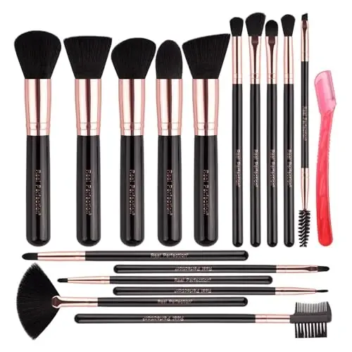 Real Perfection Makeup Brush Set 16 Pcs with 1 Eyebrow Razor Premium Synthetic Foundation Powder Concealers Eyeshadow Blush Makeup Brushes Make up Brushes Kit (Black) - REAL