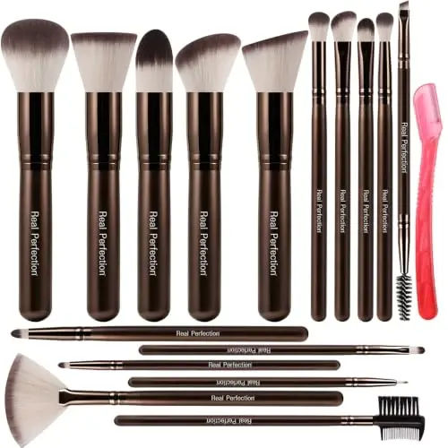 Real Perfection Makeup Brush Set 16 Pcs with 1 Eyebrow Razor Premium Synthetic Foundation Powder Concealers Eyeshadow Blush Makeup Brushes Make up Brushes Kit (Coffee) - 1