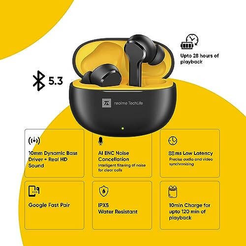 realme TechLife Buds T100 Bluetooth Truly Wireless In-Ear Earbuds with mic, AI ENC for Calls, Google Fast Pair, 28 Hours Total Playback with Fast Charging and Low Latency Gaming Mode (Black) - 2