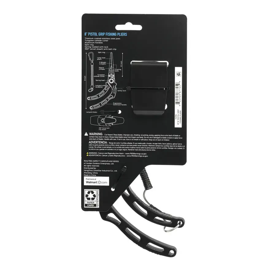 Realtree Fishing 8-inch Pistol Grip Pliers with Titanium-Coated Stainless Steel Jaws and Tungsten Carbide Cutter - 8