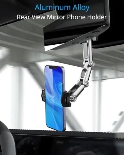 Rear View Mirror Phone Holder Mount for Car, Aluminum Multi-Directional metal arms and 360-degree Rotatable Retractable, Auto Essentials Accessories Compatible with iphone android phones (Silver) - 2