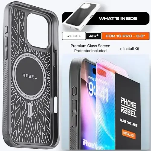 REBEL Air Case for iPhone 16 Pro [Air² Series] Strong MagSafe Compatible, Grippy Sides, Slim & Lightweight TPU Cover, Protective Corners, Raised Lens Ring, 6.3 Inch Phone 2024 (Black) - 6