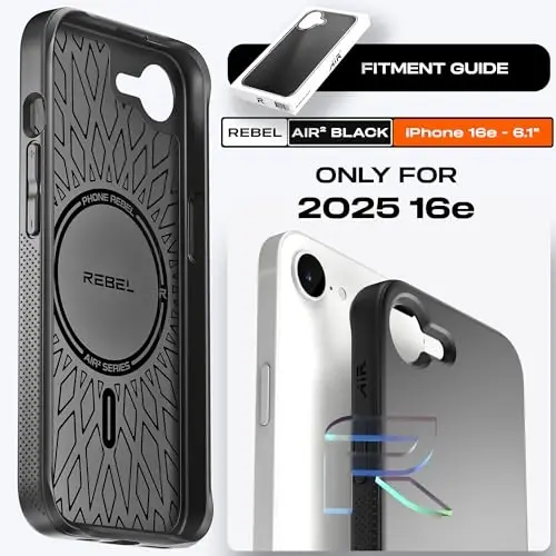 REBEL Air Case for iPhone 16e [Air² Series] Compatible with MagSafe, Strong Magnets, Grippy Sides, Slim & Lightweight TPU Cover, Protective Corners, Raised Lens Ring, 6.1 Inch Phone 2025 (Black) - 6