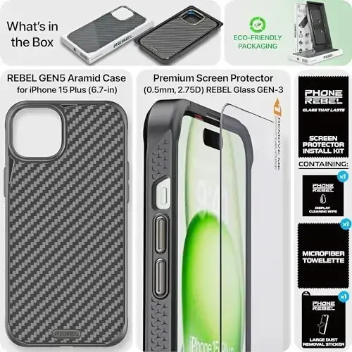REBEL Case for iPhone 15 Plus [Gen-5 Aramid Fiber] Strong MagSafe Compatible, Grippy Sides, Shockproof Corners, CNC Metal Buttons, Upgraded Protective Design, 6.7 Inch Phone 2023 (Black) - 6