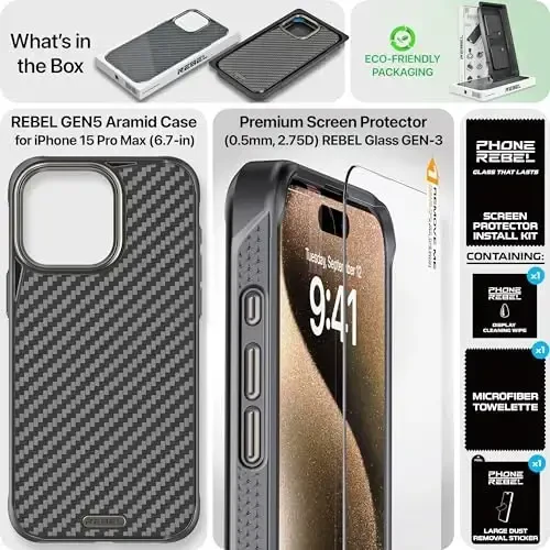 REBEL Case for iPhone 15 Pro Max [Gen-5 Aramid Fiber] Strong MagSafe Compatible, Grippy Sides, Shockproof Corners, Metal Lens + Buttons, Upgraded Protective Design, 6.7 Inch Phone 2023 (Black) - 6