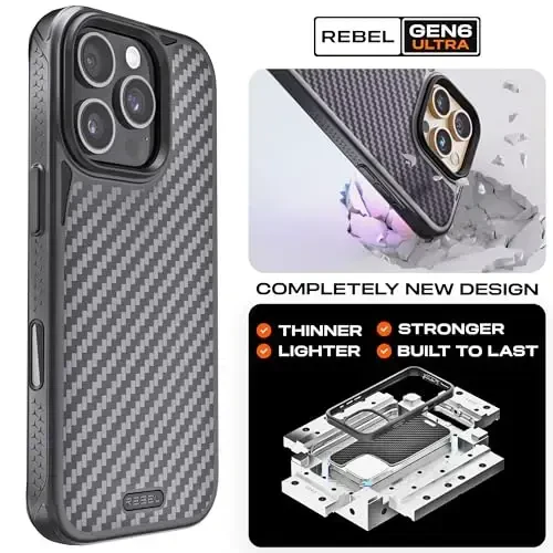 REBEL Case for iPhone 16 Pro [Gen-6 Aramid Fiber] Strong MagSafe Compatible, Grippy Sides, Shockproof Corners, Metal Lens + Buttons, Upgraded Protective Design, 6.3 Inch Phone 2024 (Black) - 3