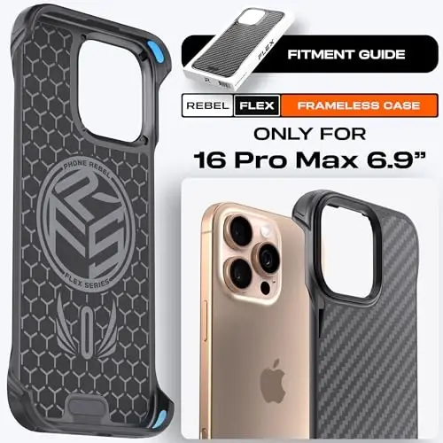 REBEL Case for iPhone 16 Pro Max [Flex Series] Exposed Sides for Comfort, Aramid Fiber, Strong MagSafe Compatible, Shockproof, Metal Lens, Protective Frameless Design, 6.9 Inch Phone 2024 (Flex) - 6