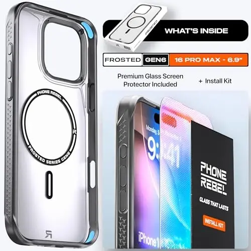 REBEL Frosted Series Gen-6 Clear Case for iPhone 16 Pro Max | Strong MagSafe Compatible, Grip Sides, Translucent Matte Texture, Protective Shockproof Bumpers, Metal Lens & Buttons, 6.9 Inch - 6