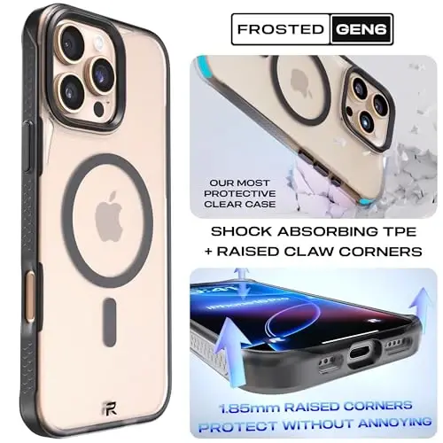 REBEL Frosted Series Gen-6 iPhone 16 Pro Max uchun tiniq g‘ilof | Kuchli MagSafe mos, tutqichli yon tomonlar, yarim shaffof mato, zarbaga chidamli bamperlar, metall linza va tugmalar, 6,9 dyuym - 2