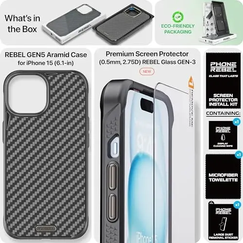REBEL Case for iPhone 15 [Gen-5 Aramid Fiber] Strong MagSafe Compatible, Grippy Sides, Shockproof Corners, CNC Metal Buttons, Upgraded Protective Design, 6.1 Inch Phone 2023 (Black) - 6