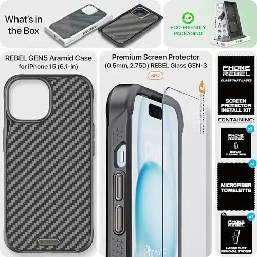 REBEL iPhone 15 учун ҳолат [Gen-5 Aramid tolasi] Kuchli MagSafe bilan mos keladi, Ushlash mumkin tomonlari, Zarbaga chidamli burchaklari, CNC metall tugmalari, Yangilangan himoya oluvchi dizayni, 6,1 dyuymli telefon 2023 (Qora) - 6