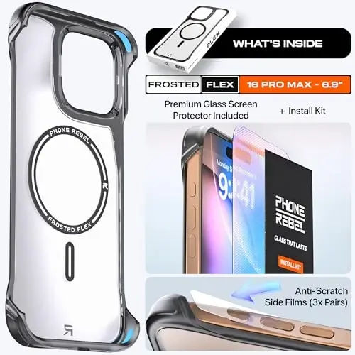 REBEL iPhone 16 Pro Max Clear Case [Frosted Flex Series] Qulaylik uchun ochiq tomonlar, kuchli MagSafe mos, mato tuzilishi, zarbadan himoya, yangilangan ramkasiz qopqoq, 6.9 dyuymli telefon 2024 - 6