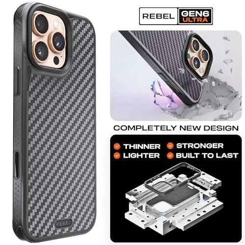 REBEL Case for iPhone 16 Pro Max [Gen-6 Aramid Fiber] Strong MagSafe Compatible, Grippy Sides, Shockproof Corners, Metal Lens + Buttons, Upgraded Protective Design, 6.9 Inch Phone 2024 (Black) - 3