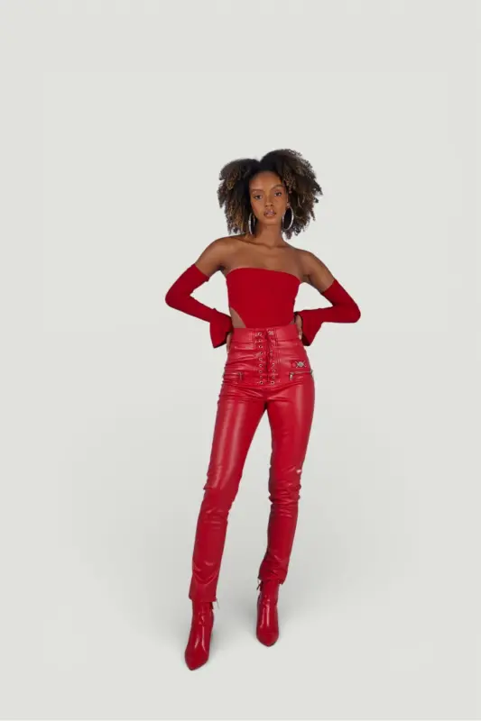 Rebel Pants Red, Detailed Gussets, Zipper, Chardon, Vegan Leather - 3