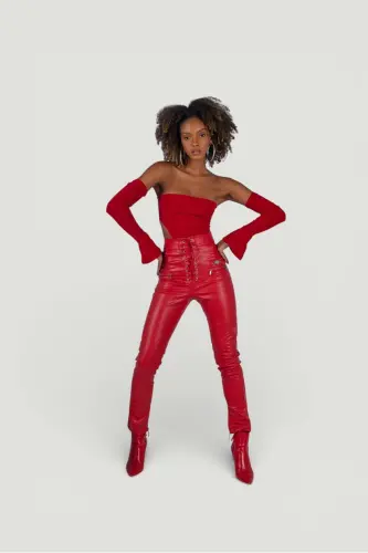 Rebel Pants Red, Detailed Gussets, Zipper, Chardon, Vegan Leather 