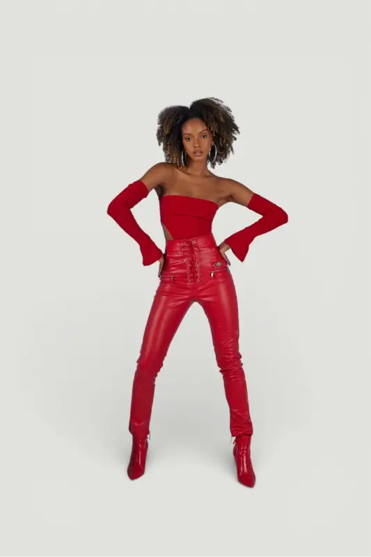 Rebel Pants Red, Detailed Gussets, Zipper, Chardon, Vegan Leather - HOLLY LOLLY