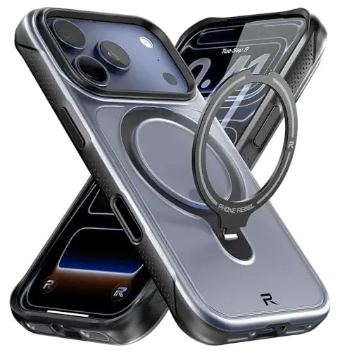 REBEL Semi-Clear Case for iPhone 17 Pro 6.3” [Frosted Series Gen7] Strong MagSafe Compatible, Grippy Sides, Built-In Metal Kickstand, Translucent Matte, Protective Upgraded Frameless Cover, 2025 Phone - 1