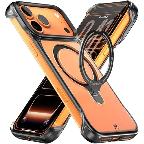 REBEL Semi-Clear Case for iPhone 17 Pro Max 6.9” [Frosted Flex Series] Exposed Sides for Comfort, Strong MagSafe Compatible, Built-in Metal Kickstand, Protective Upgraded Frameless Cover 2025 Phone 