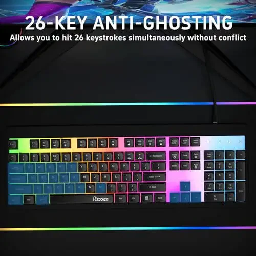 RECCAZR Gaming Keyboard, 104 Full-Size Wired Gaming Keyboard with Rainbow Backlit, Anti-Ghosting, Spill-Resistant Keyboard for Gaming and Office, Membrane Keyboard for PC - 4