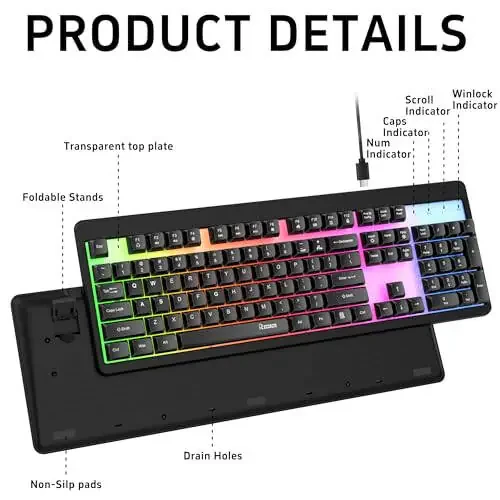RECCAZR Gaming Keyboard, 104 Full-Size Wired Gaming Keyboard with Rainbow Backlit, Anti-Ghosting, Spill-Resistant Keyboard for Gaming and Office, Membrane Keyboard for PC - 7