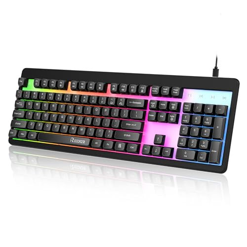 RECCAZR Gaming Klaviaturasi, 104 To'liq Hajmli Simli O'yin Klaviaturasi, Kamalak Orqa Fon Yoritish, Anti-Ghosting, Suga Chidamli Klaviatura, O'yin va Ofis uchun, Membran Klaviatura, Kompyuter uchun - RECCAZR