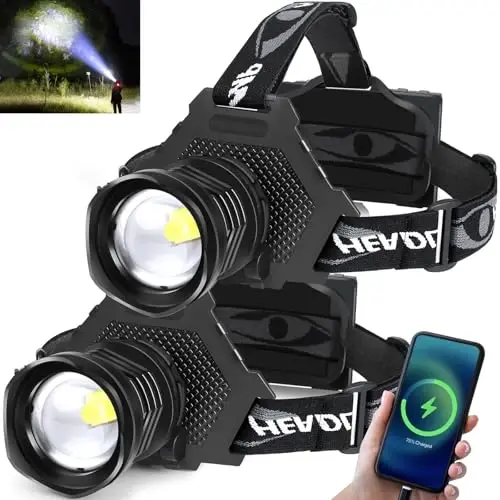 Rechargeable LED Headlamp 1080 Lumen, Super Bright Head Lamp Flashlight with 5 Lighting Modes, IPX6 Waterproof, Zoomable Headlight for Camping, Hiking, Fishing, Biking(2 Pack) (2pcs headlamp2) - 1